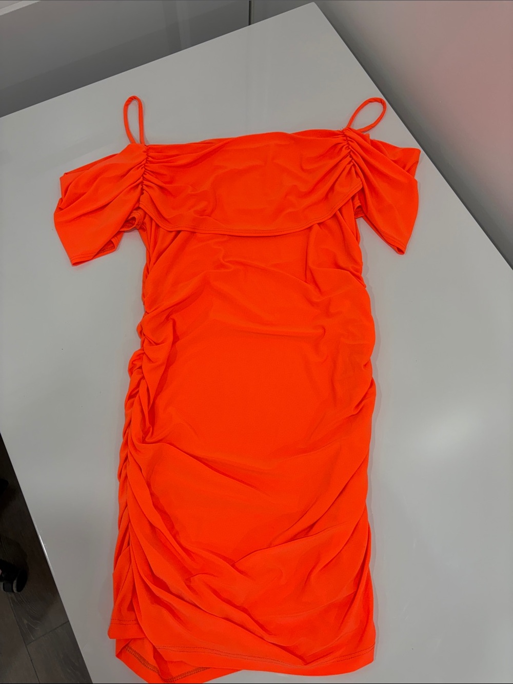 Mendocino Neon Orange Off-Shoulder Ruched Dress